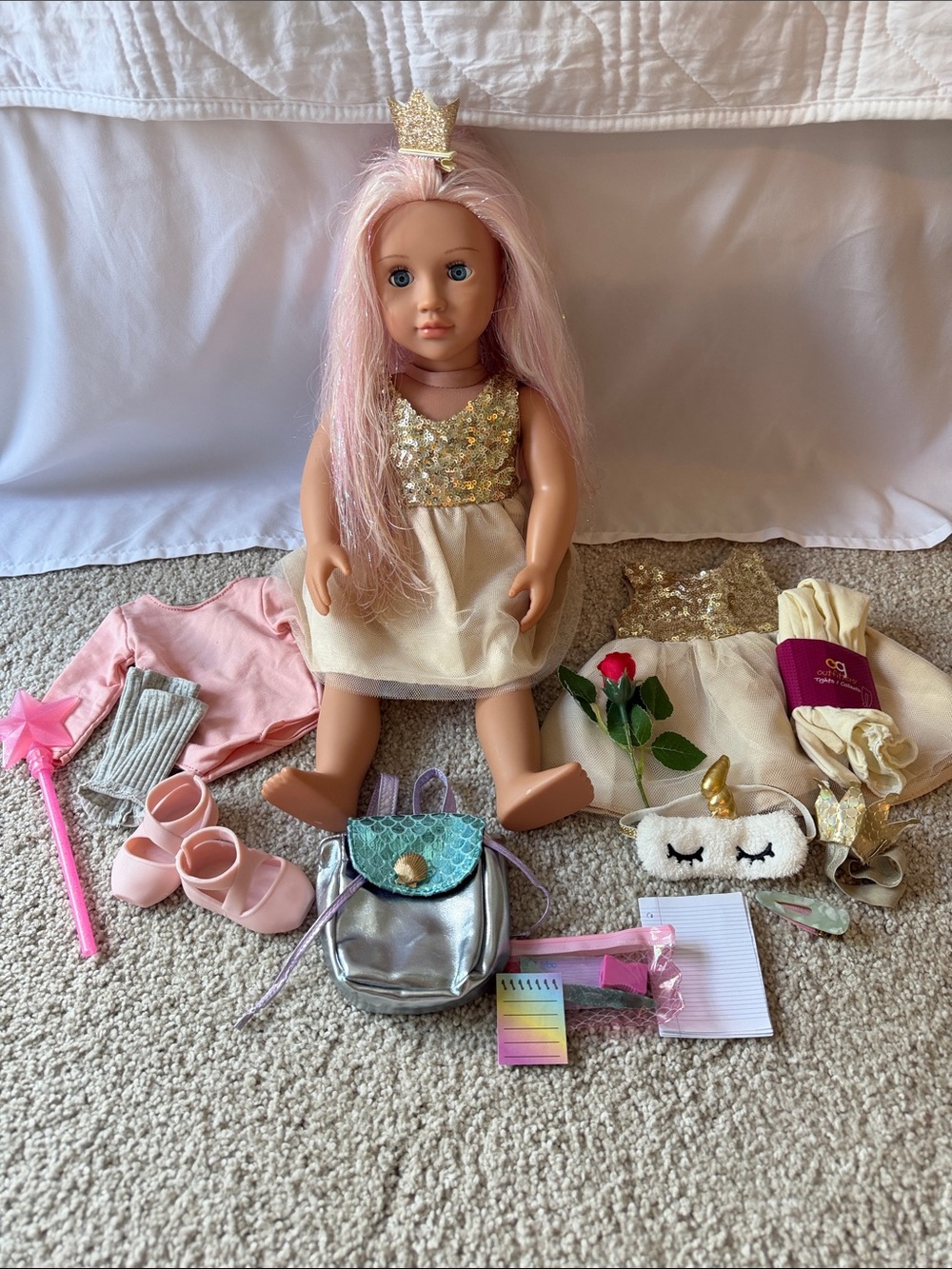 Pink Our Generation Doll with Gold Sequin Dress and Tons of Accessories